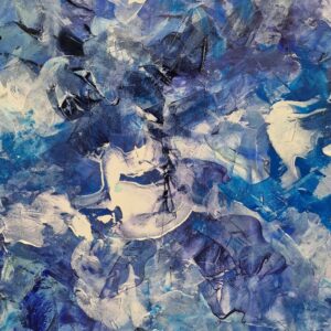 Varying blue and white abstract painting by Jo Vincent, with a look of layered lace and movement across the canvas